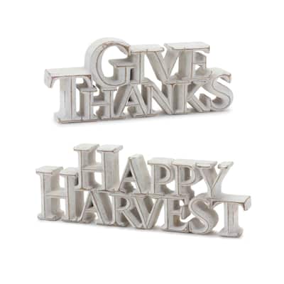 "Happy Harvest" "Give Thanks" Tabletop Signs 9.75" White Set of 2
