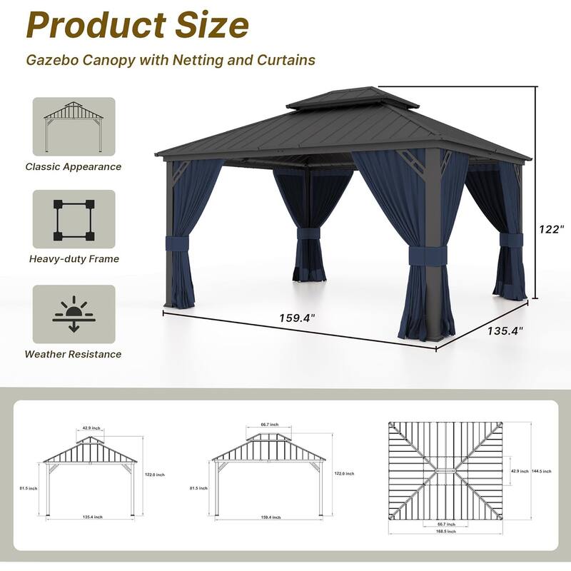 Kullavik Hardtop Gazebo w/ Galvanized Steel Roof & Aluminum Frame, New Outdoor Canopy w/ Mosquito Net & Curtain, Patio Pergola
