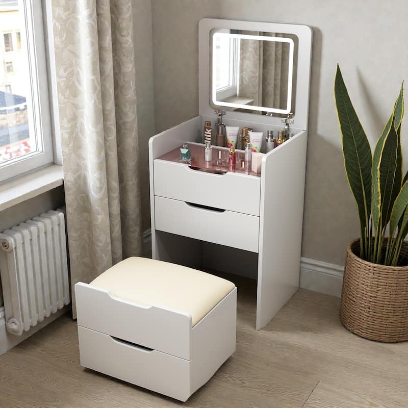 3-in-1 Vanity Desk with Flip-Top Lighted Mirror, Glass Desktop Makeup Table with 3 Drawers for Bedroom