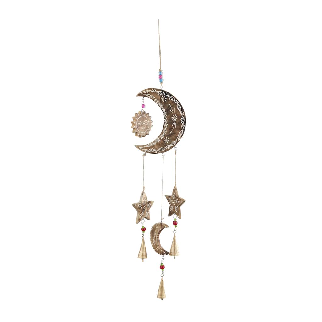 Mango Wood Sun and Moon Handmade Indoor Outdoor Windchime with Glass Beads and Cone Bells - Gold - Roche River Decor