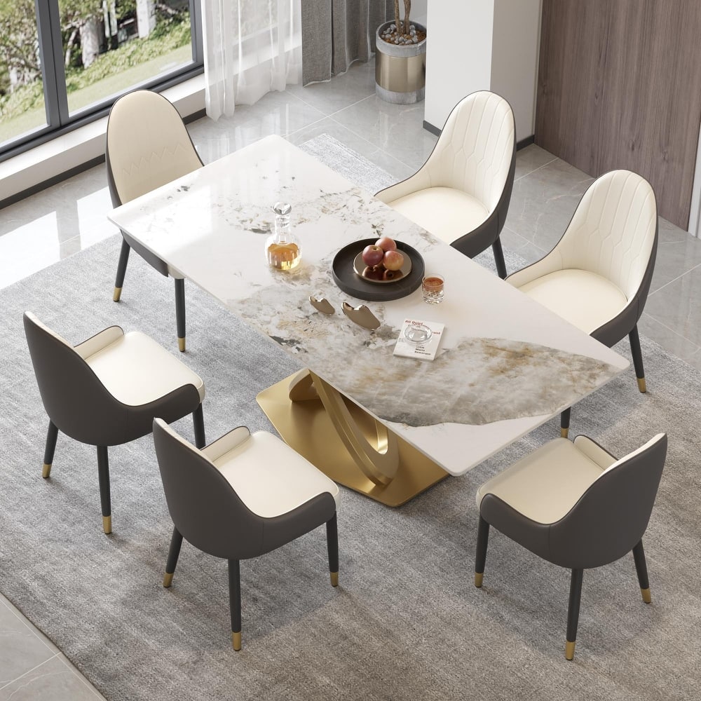 70.8'' Dining Table, Modern Dining Table for 8, Antique White Sintered Stone with Stainless Steel Gold Pedestal
