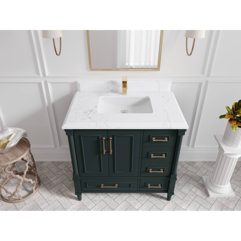 Willow Collections 36 in. W x 22 in. D Aberdeen Center Sink Left Bathroom Vanity with Countertop - 1.5" Empira White - Dark Forest Green