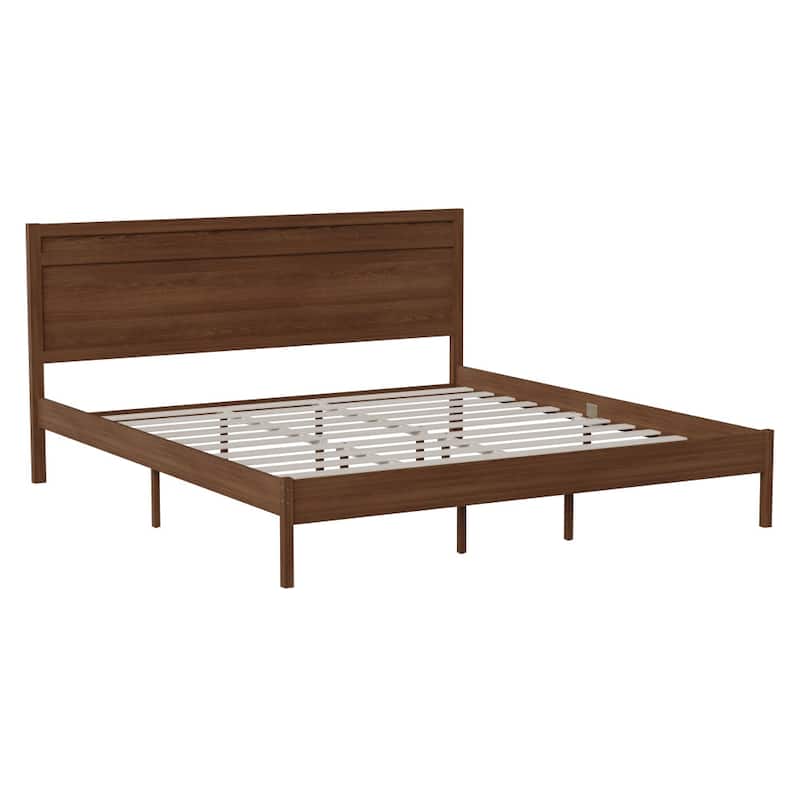 Modern Solid Wood Platform Bed with Headboard and Wooden Slats