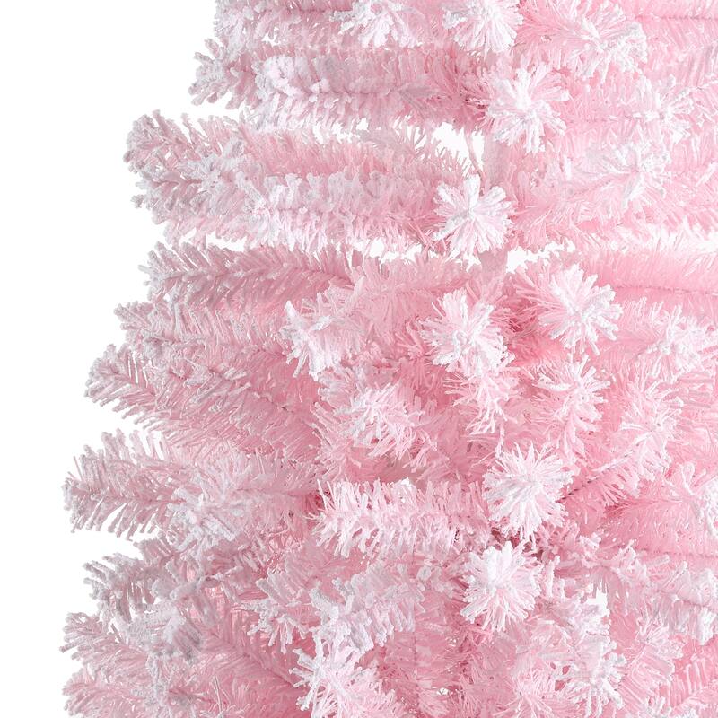 Glitzhome 4ft/5ft Pre-Lit Flocked Pink Artificial Christmas Porch Tree with Foot Pedal LED Lights