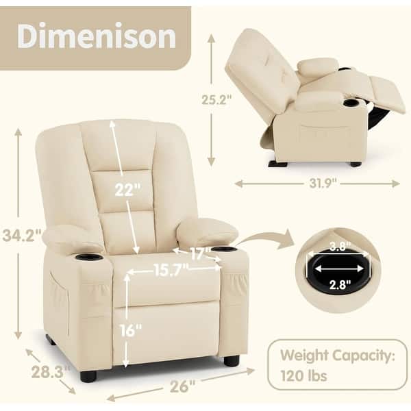 dimension image slide 6 of 11, MCombo Big Kids Recliner Chair for Toddler Boys and Girls Faux Leather - 28.3"(L)x26.4"(W)x34.2"(H)