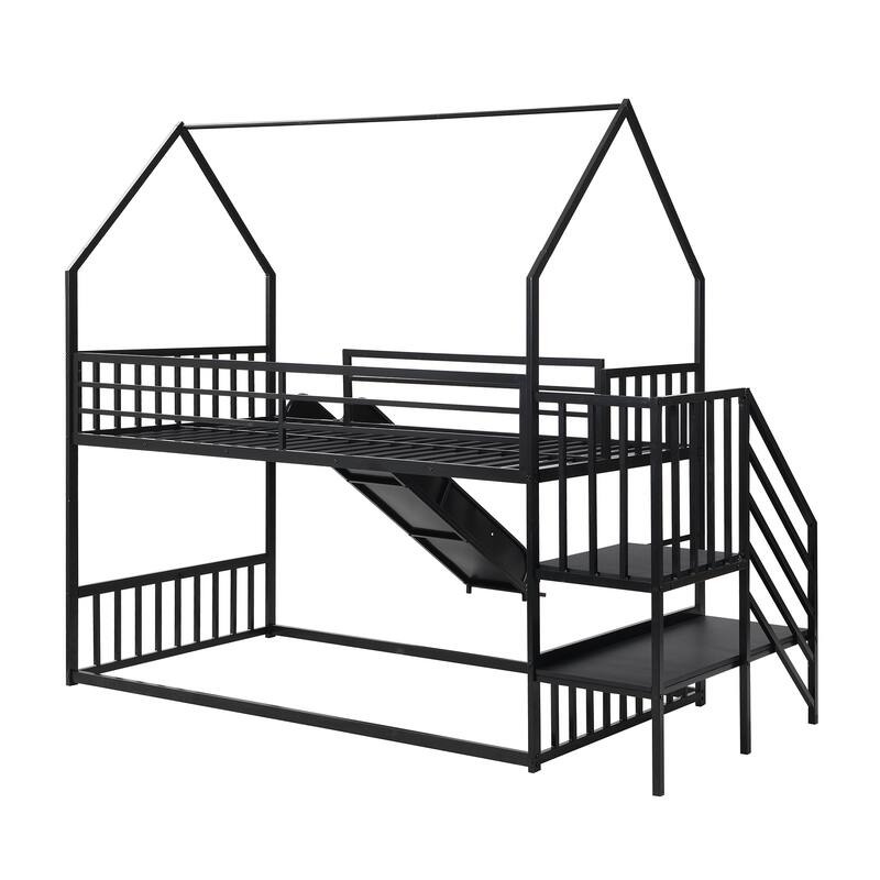 House-Shaped Twin Bunk Bed with Slide and Staircase, Space-Saving Metal Design