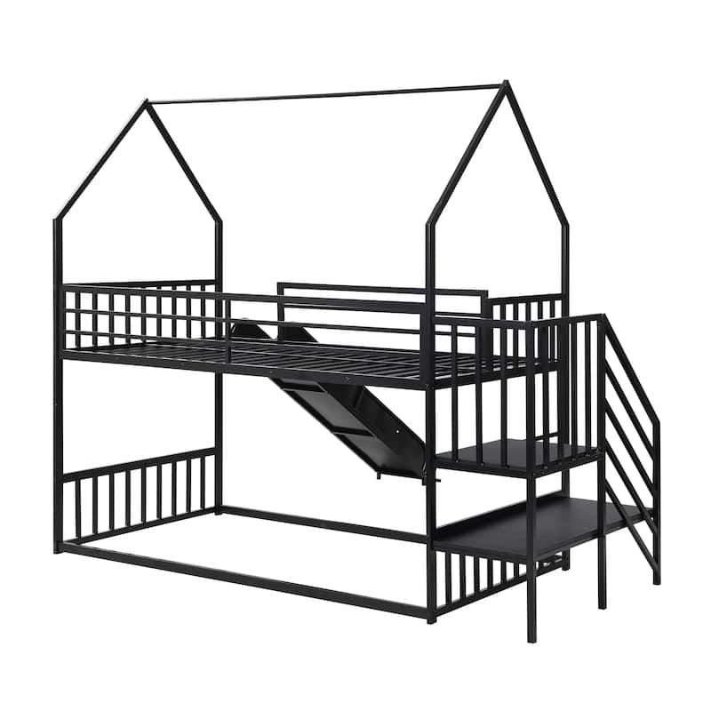 Twin Over Twin-Size Metal Bunk Bed House-Shape-Bed w/Slide, Staircase