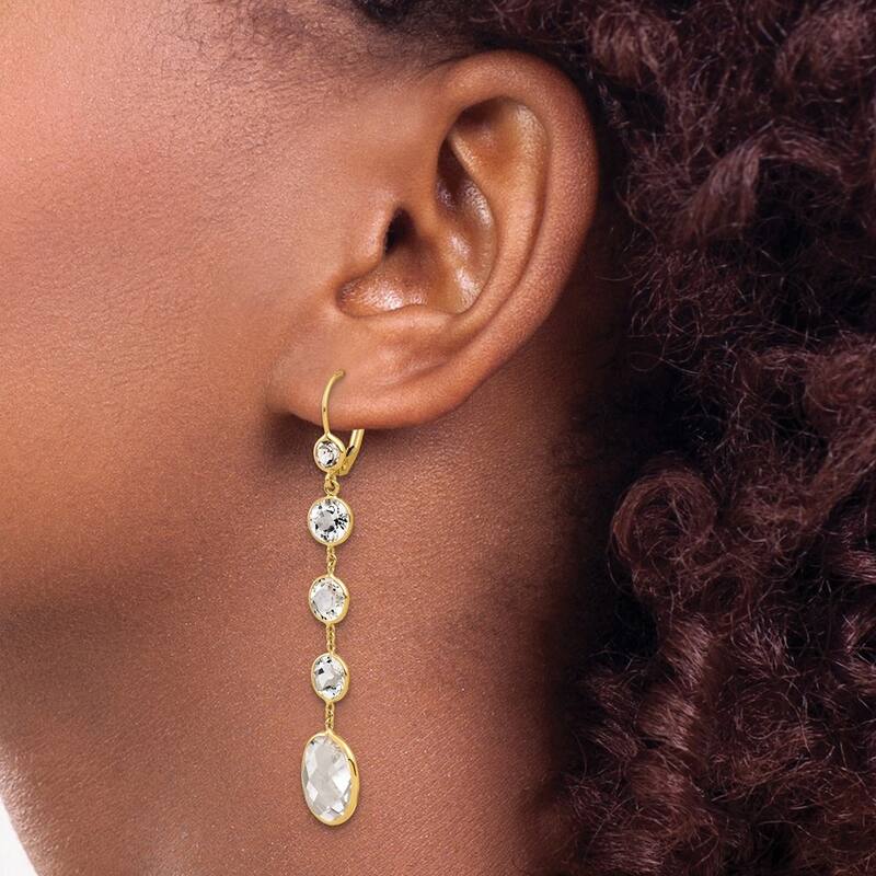 Curata 14k Yellow Gold Italian Crystal and Cushion White Topaz Linear Leverback Earrings -62x11mm