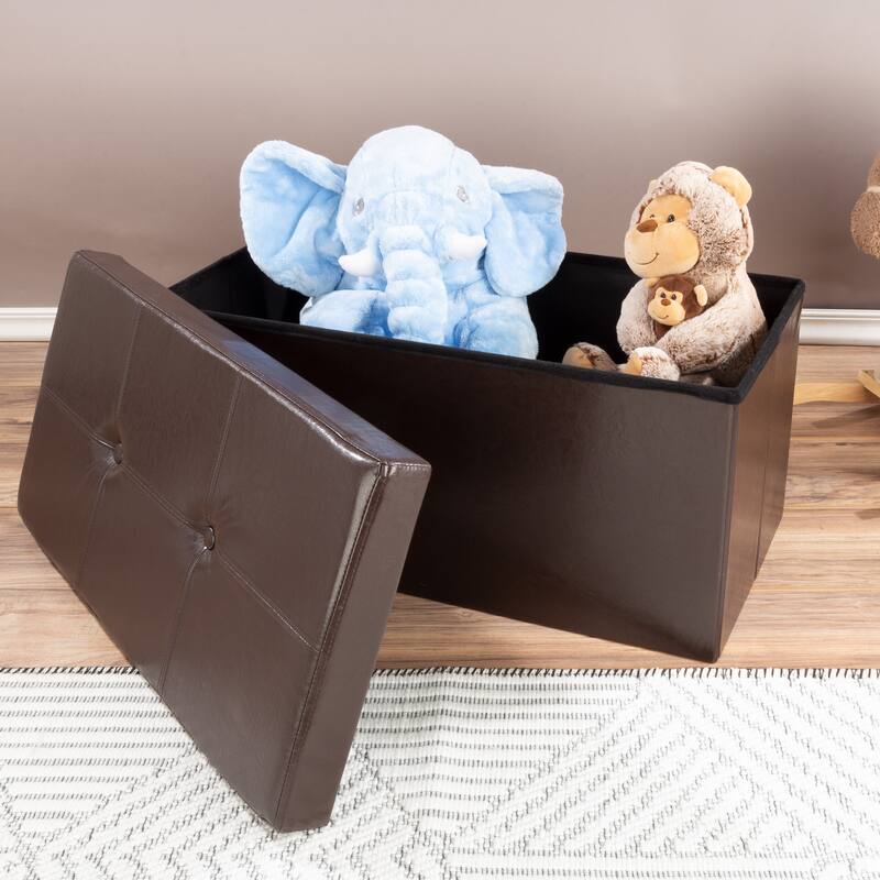 Large Foldable Storage Bench Ottoman- Tufted Faux Leather Cube Organizer Furniture by Lavish Home - 30 x 15 x 15