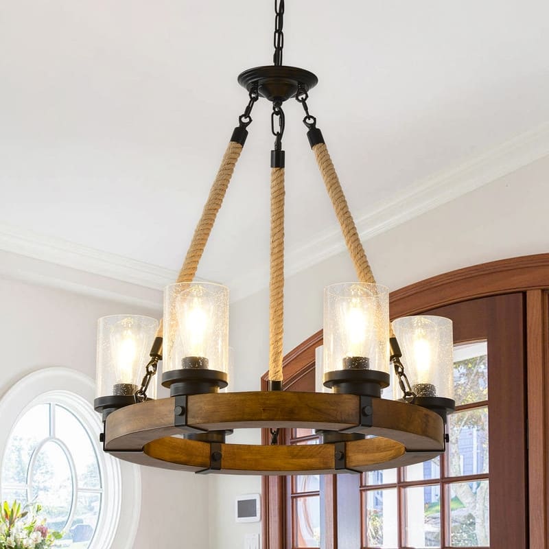 Farmhouse Wagon Wheel Chandelier Round Wood Pendant Lighting Fixture for Dining Room - Wood