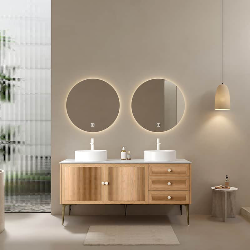 GDFStudio - Munin Freestanding Bathroom Vanity with Ceramic Sink, 4 Metal Legs, Oak Woodgrain Color, WITHOUT Faucet