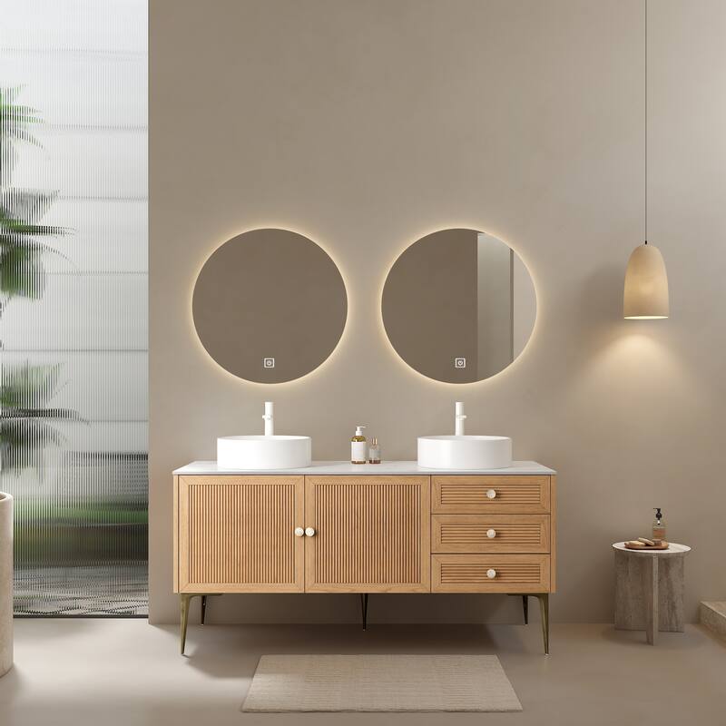 GDFStudio - Munin Freestanding Bathroom Vanity with Ceramic Sink, 4 Metal Legs, Oak Woodgrain Color, WITHOUT Faucet - 60"