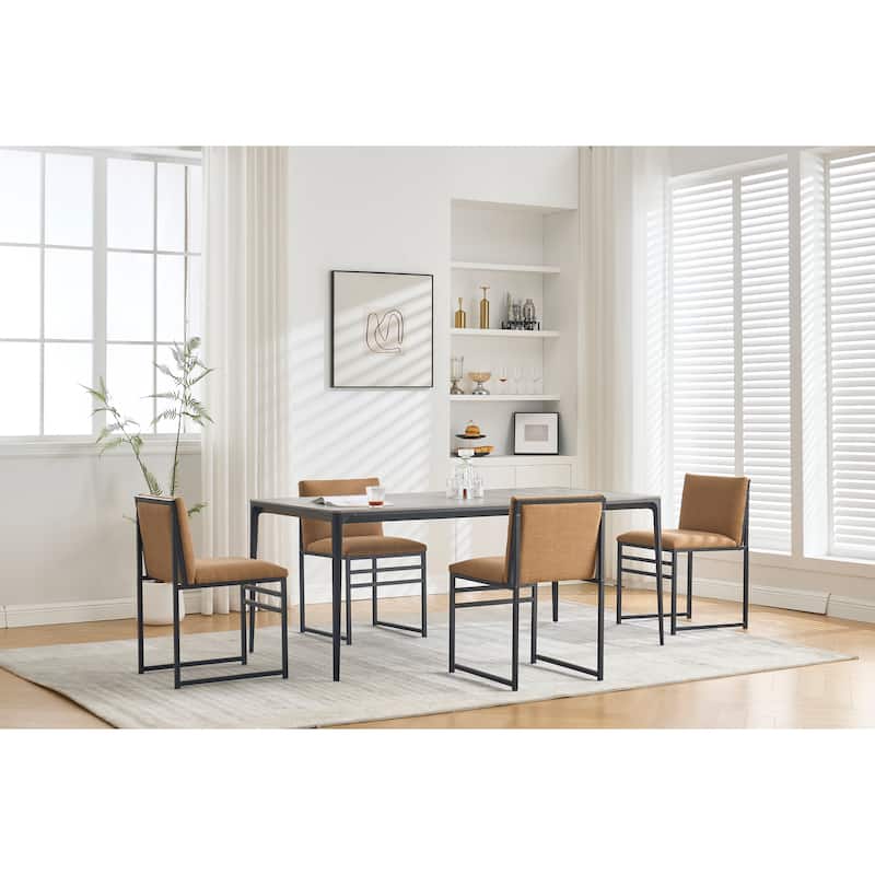 Set of 2 Modern Dining Chairs, Coffee Brown Linen Upholstery with Minimalist Iron Frame