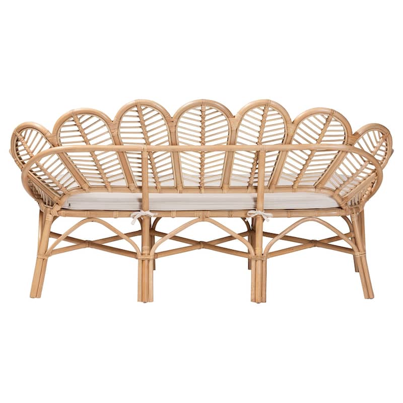 Eliava Natural Rattan Accent Bench with Cushion - Coastal Boho Loveseat with Scalloped Fan Back for Living Room or Sunroom