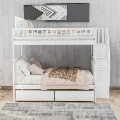 Full Over Full Bunk Bed with 2 Storage Drawers and Stairways, Wood Bunk Bed Frame with Storage Shelf for Kids Teens Dorm Bedroom