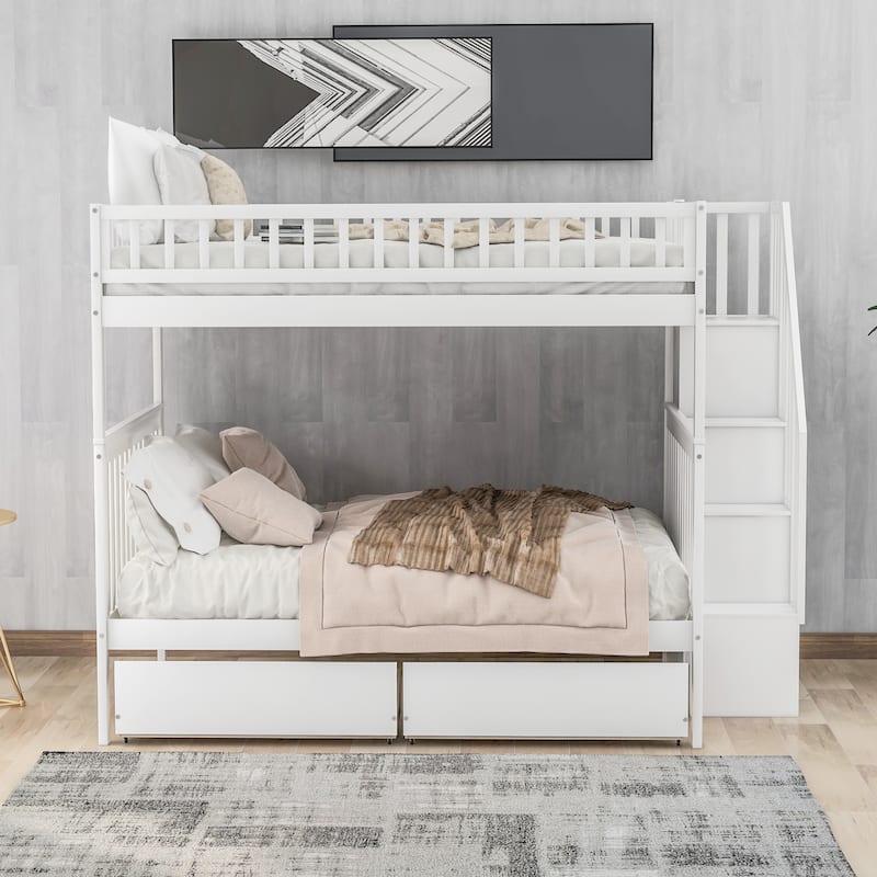 Full over Full Bunk Bed with 2 Drawers and Storage, White