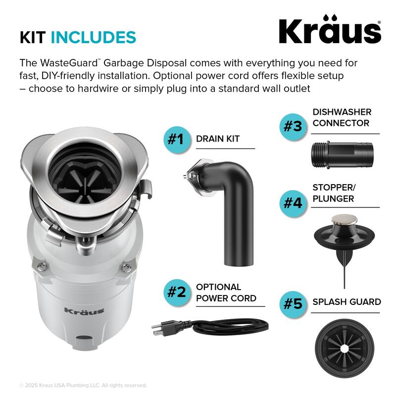 KRAUS WasteGuard Continuous Feed Garbage Disposal for Kitchen Sinks