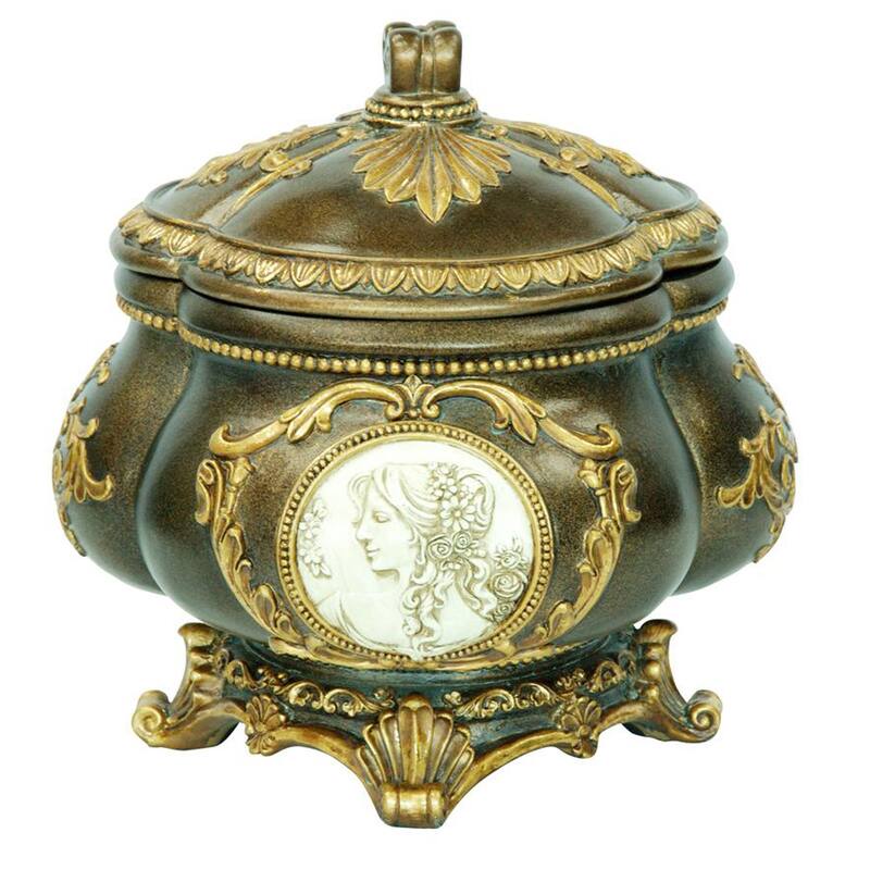 9" Bronze Gold And White Resin Floral Scroll Jewelry Box With Lacquer and High-Gloss Finishes