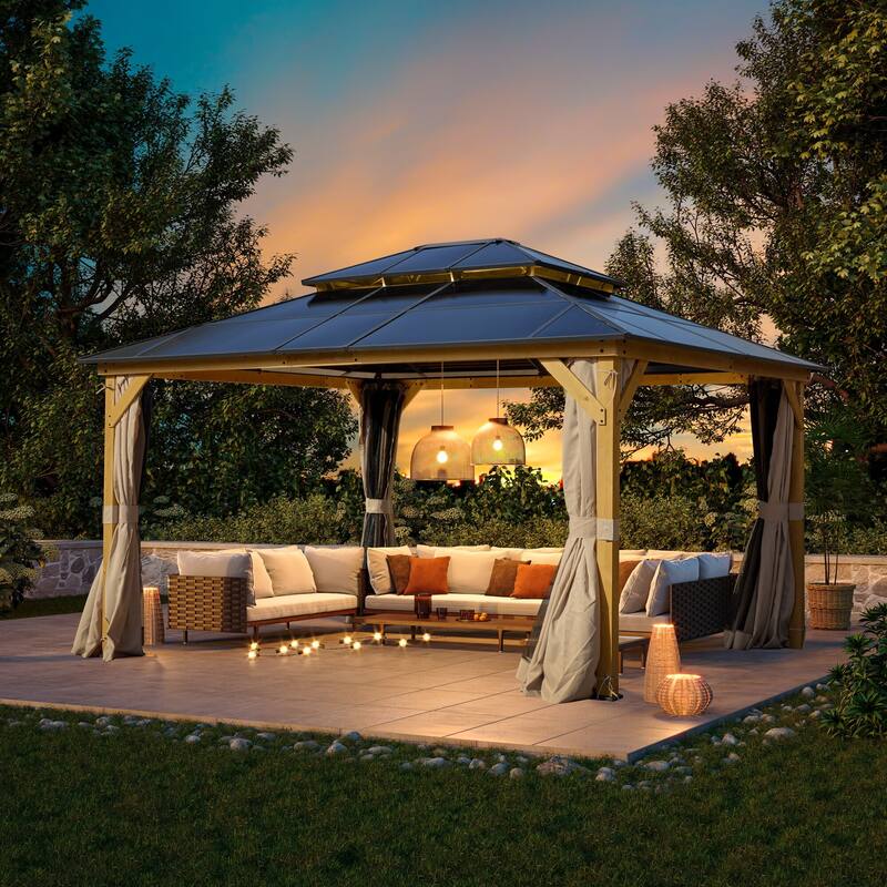 EROMMY Outdoor Wood Gazebo with Double Polycarbonate Roof, Heavy Duty Backyard Patio Pergola Canopy for Garden Shade - 12x14 - Wood Frame