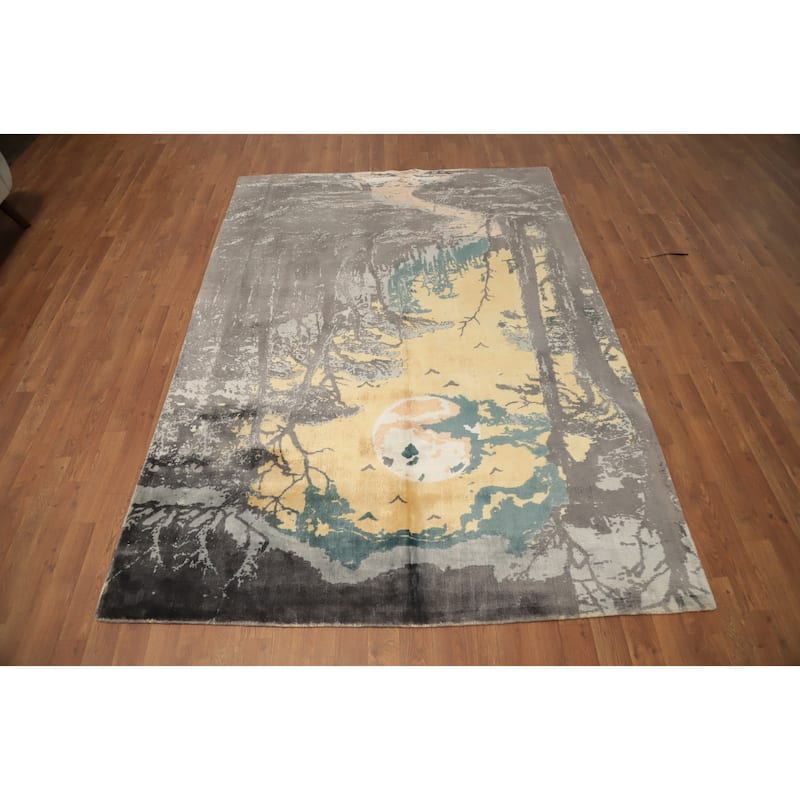 Hand Knotted Oriental Viscose Silk Carpet Modern Pictorial Greys & Charcoal Abstract Area Rug - 7' 9'' X 5' 6''
