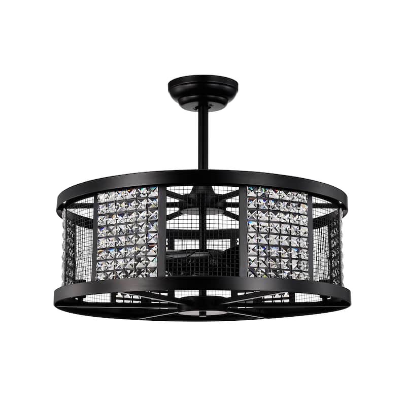 Hania Matte Black Ceiling Fan 29-Inch 6-Light Geometric Metal & Crystal Drum Shade (Includes Remote)