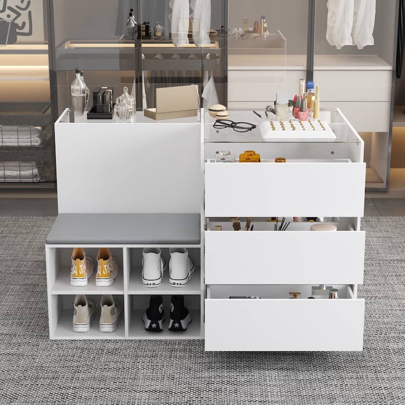 Makeup Organizer Glass Top and Cushion for Jewelry, Shoe Storage Bench
