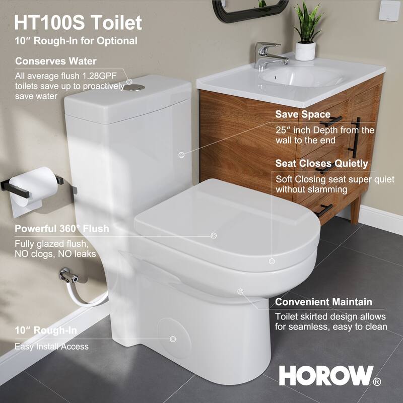 HOROW 1 Piece Dual Flush Toilet White 0.8/1.28 GPF Seat Included 10 Inch Rough In - N/A