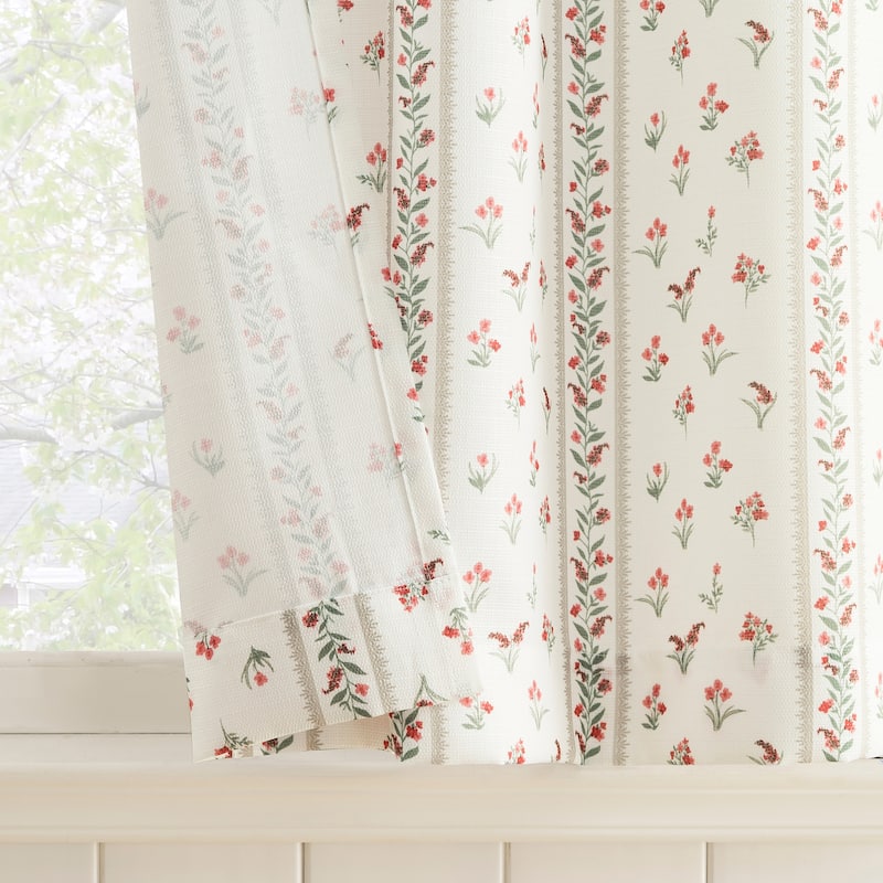 No. 918 Riverwood 2-piece Floral Stripe Semi-Sheer Rod Pocket Kitchen Curtain Tier Pair