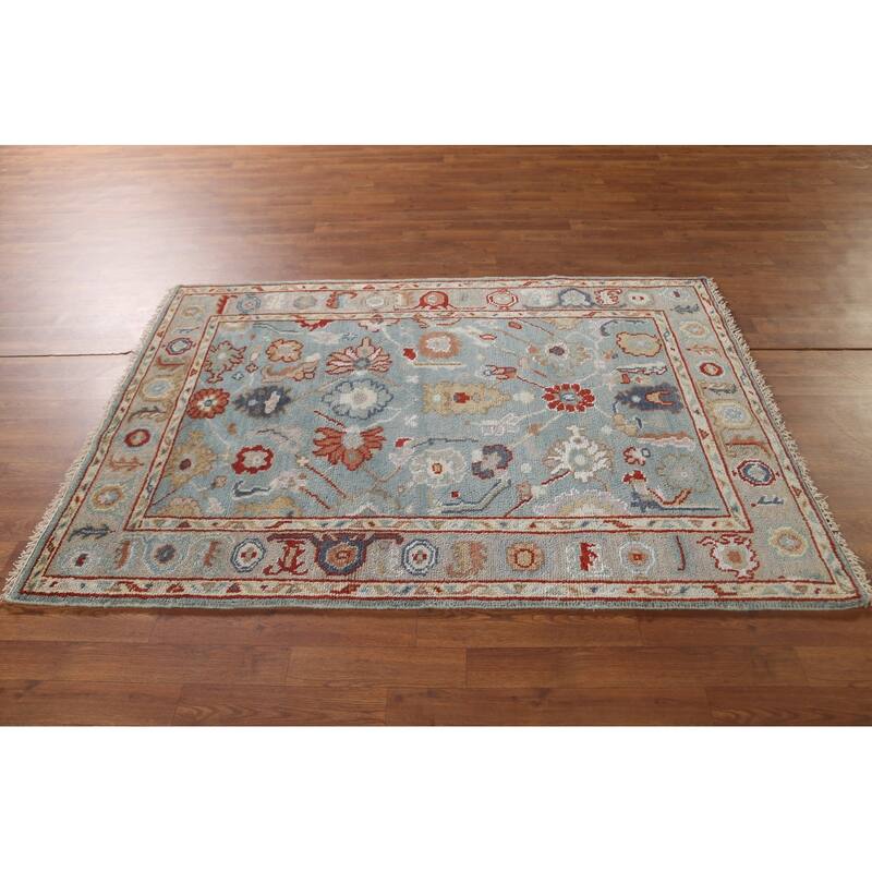 Light Blue Oushak Style Area Rug Hand-Knotted Wool Carpet - 4'2"x 5'11"
