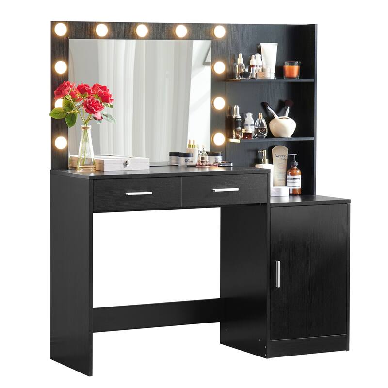 Vanity Desk with Mirror and Lights, with 2 Drawer&Vertical Organizer, 3 Level Dresser & 3 Lighting Modes Adjustable Brightness