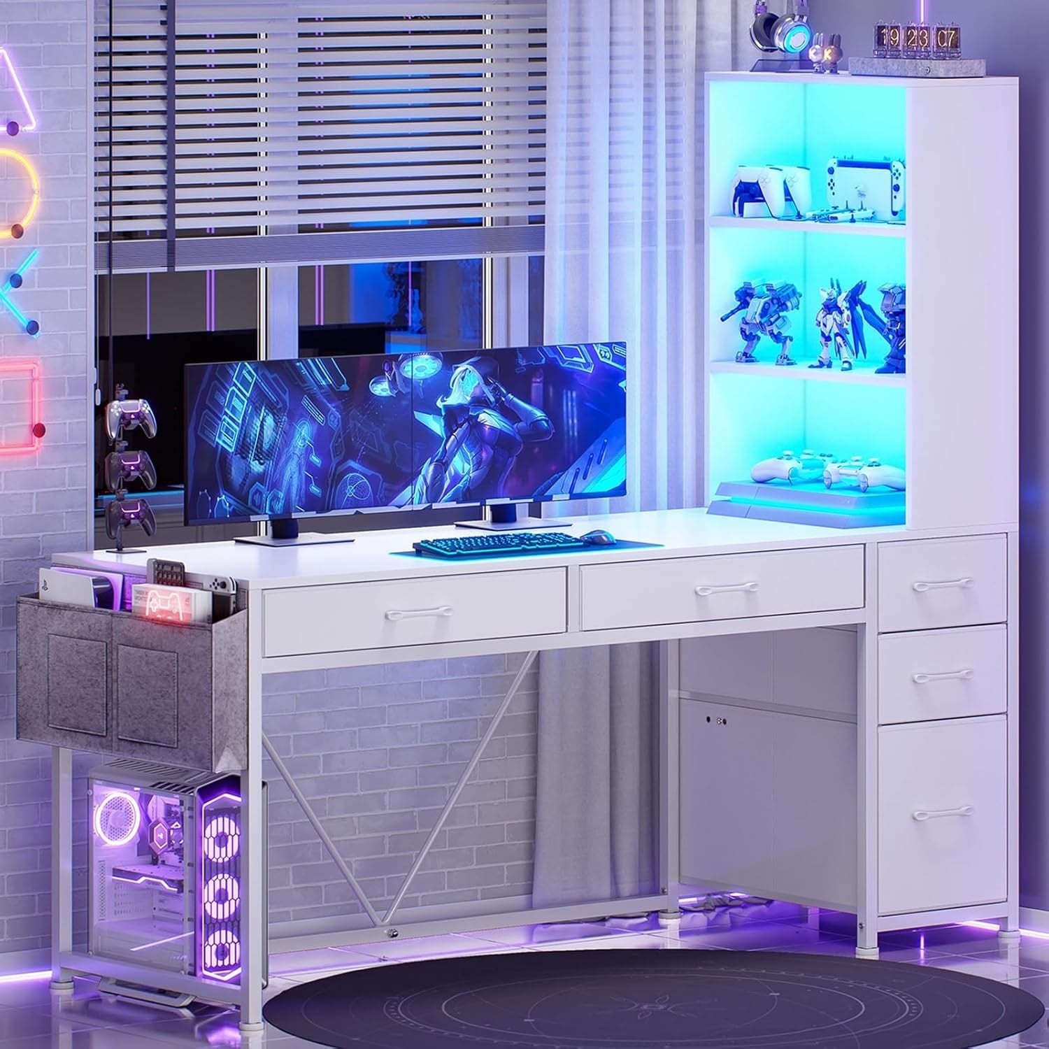 L Shaped Gaming Desk with Storage and Power Outlet