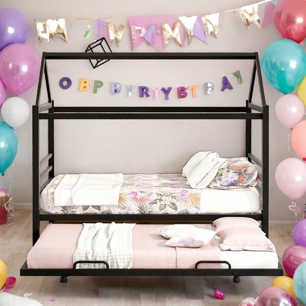 slide 2 of 18, Twin Size Stylish Metal House Shape Platform Bed With Trundle Black