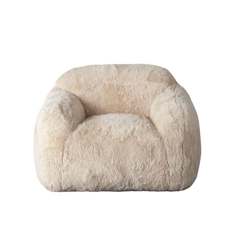 Accent Lounging Chair, Natural White Faux Fur, 44 Inch Solid Wood Frame