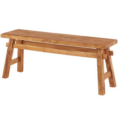 Reclaimed Wood Handmade Bench with Natural Finish and High Trestle Legs - Brown - Roche River Decor - 14"Wx47"Lx19"H