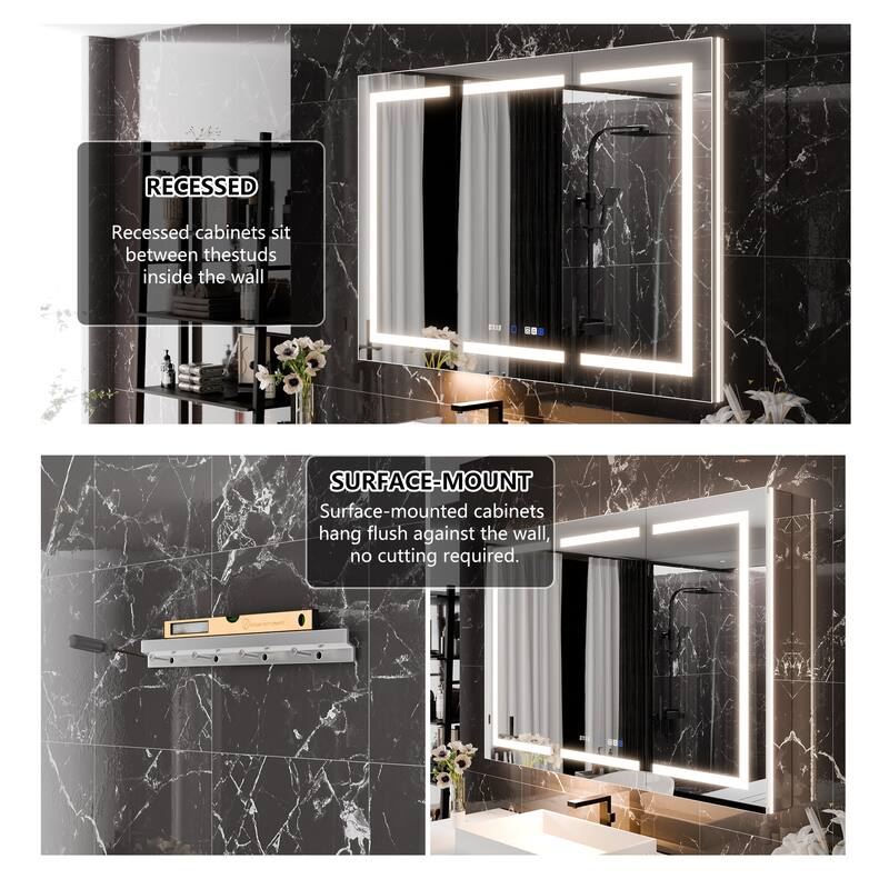 36'' H Recessed or Surface Mounted Bathroom LED Mirror Cabinet With Defogger, Dimmer, 10x magnifying