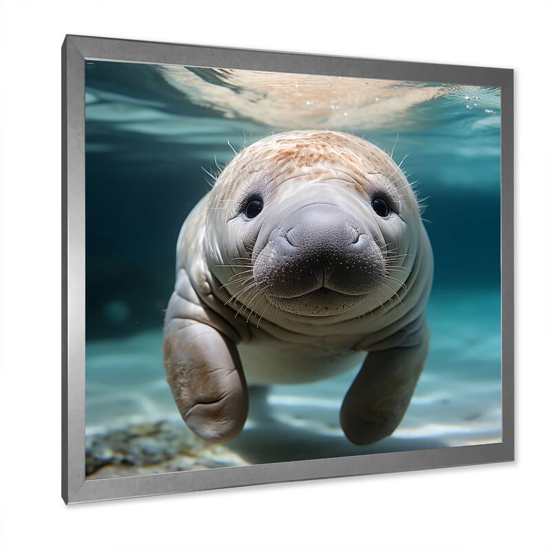 Designart "Curious Manatee Gaze III" Manatee Wall Decor Blue Modern Entryway Framed Wall Art