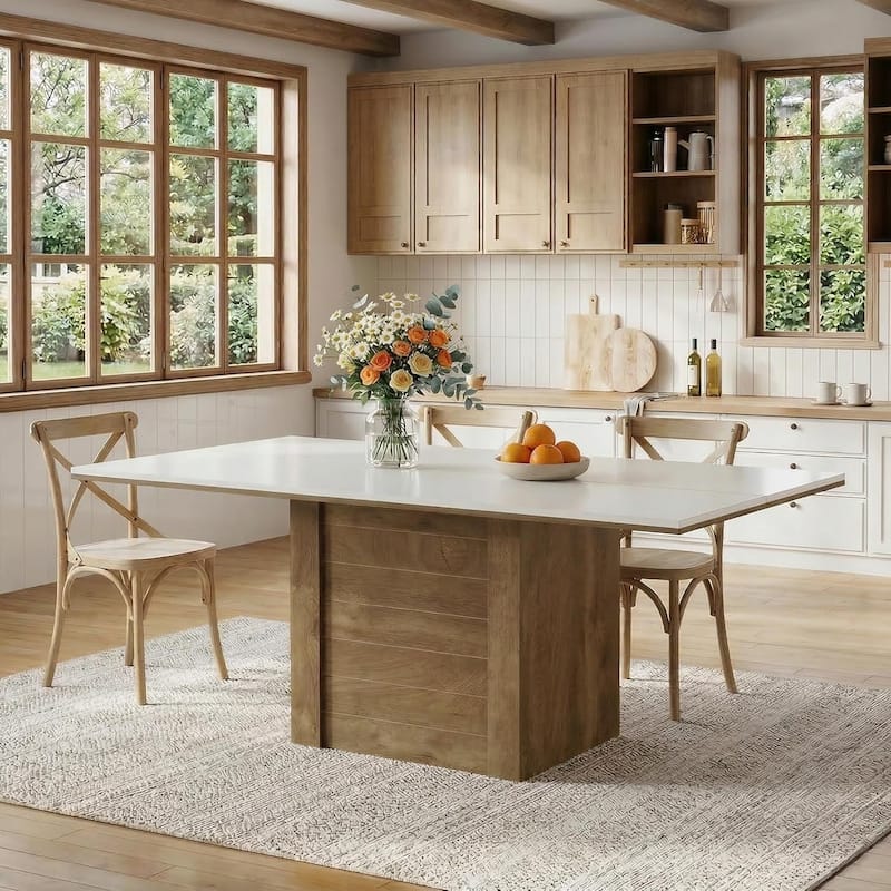 55" Rectangular Dining Table for 4 to 6 People, Kitchen Table for Dining Room & Living Room - White+Brown