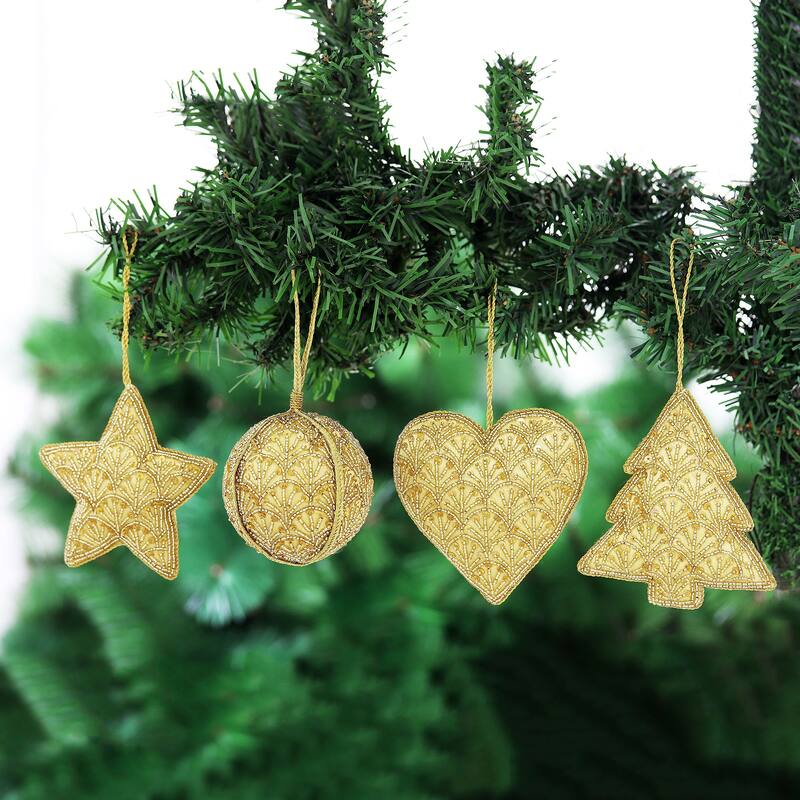 Novica Handmade Golden Christmas Beaded Satin Ornaments (Set Of 4)