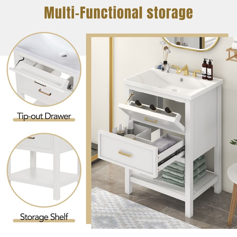 Bathroom Vanity with Top Sink, Bathroom Storage Cabinet with 2 Doors, Single Bathroom Vanity with 2 Drawers and Open Shelf