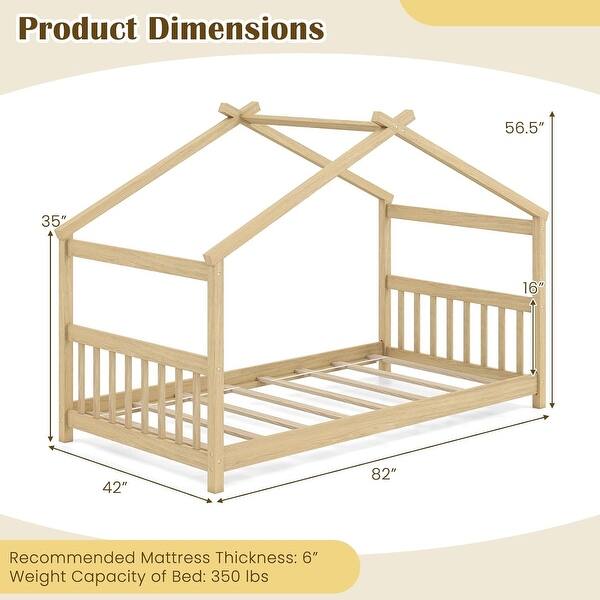 Twin Size Wooden House Bed with Roof Natural Finish