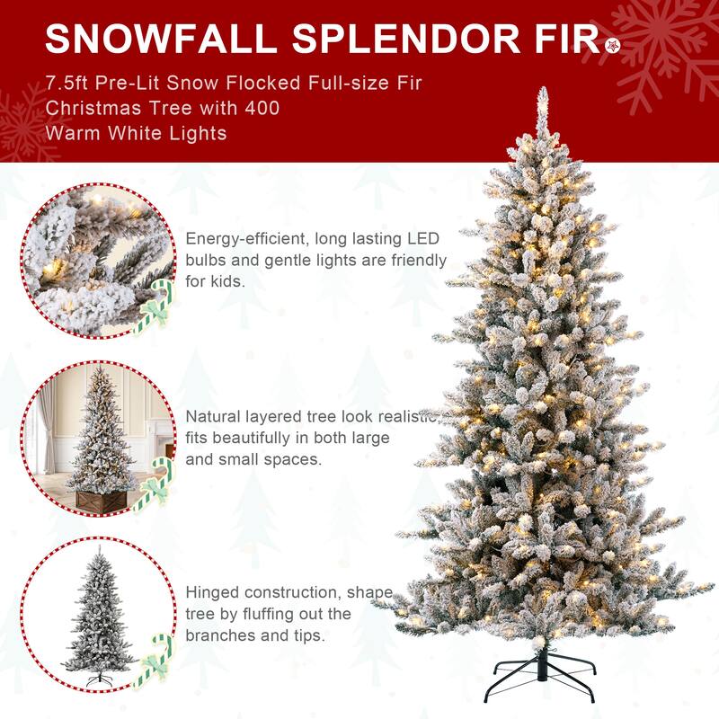 Glitzhome 6FT/7.5FT/9FT/11FT Snow Flocked Pre-lit Artificial Fir Christmas Trees
