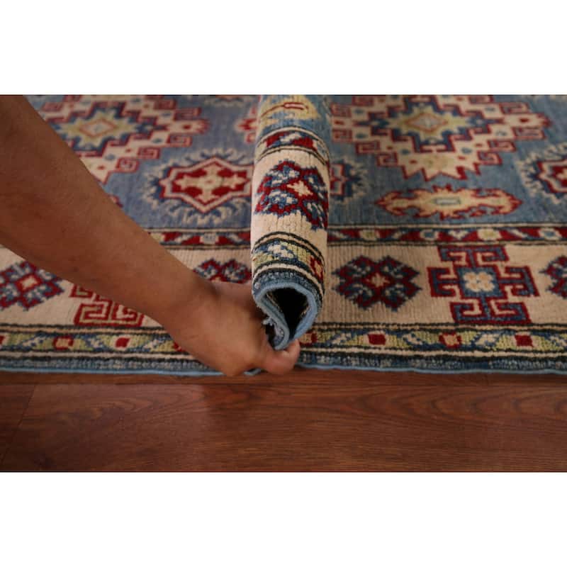 Blue Geometric Kazak Runner Rug Hand-Knotted Wool Carpet - 2'9" x 15'11"