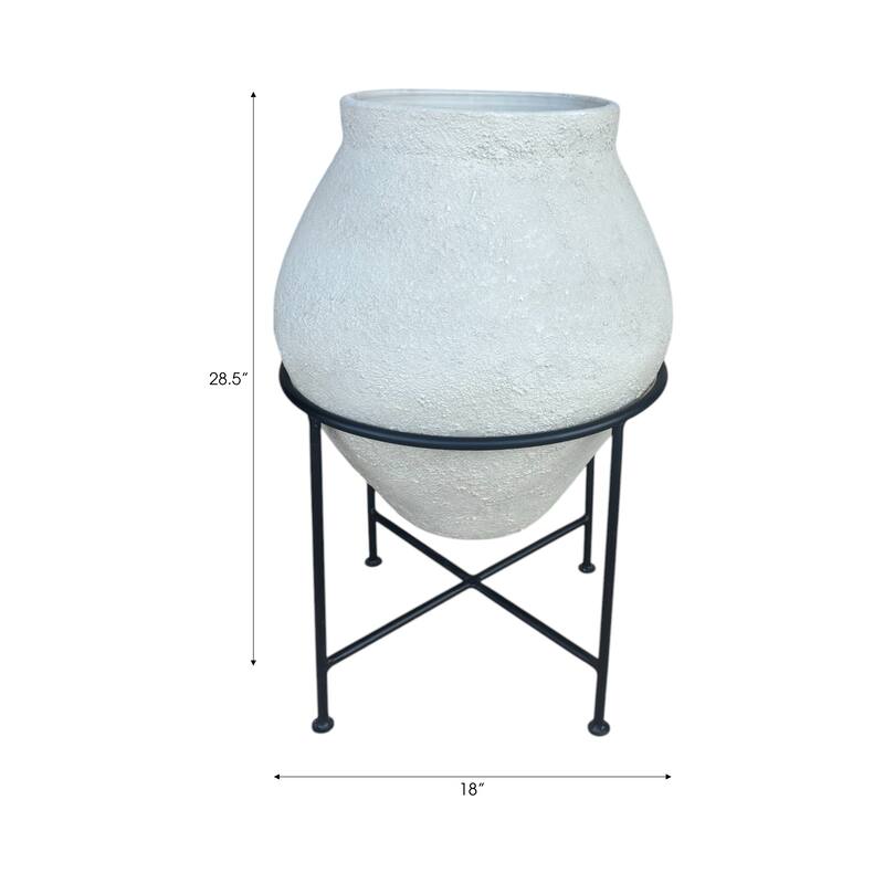 Pottery Planter Pot with Metal Stand Handcrafted Vessel Garden Decor