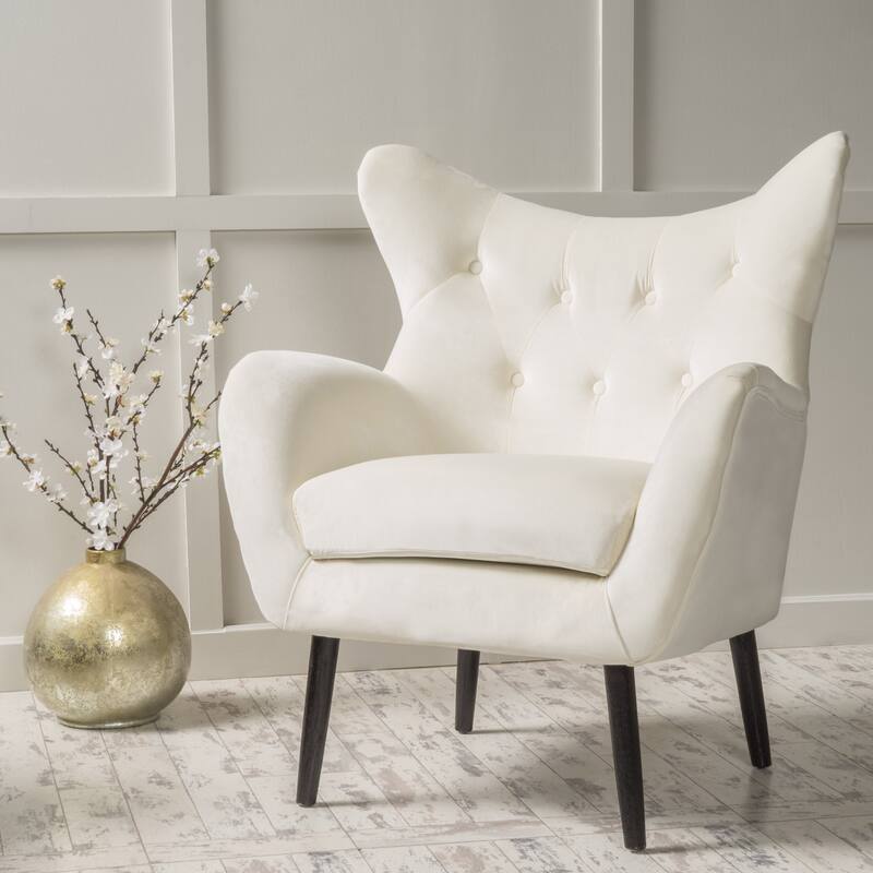Ivory Modern 34.25" Velvet Upholstered Button Tufted Arm Chair with Solid Oak Wood Frame and Gently Curved Wingback