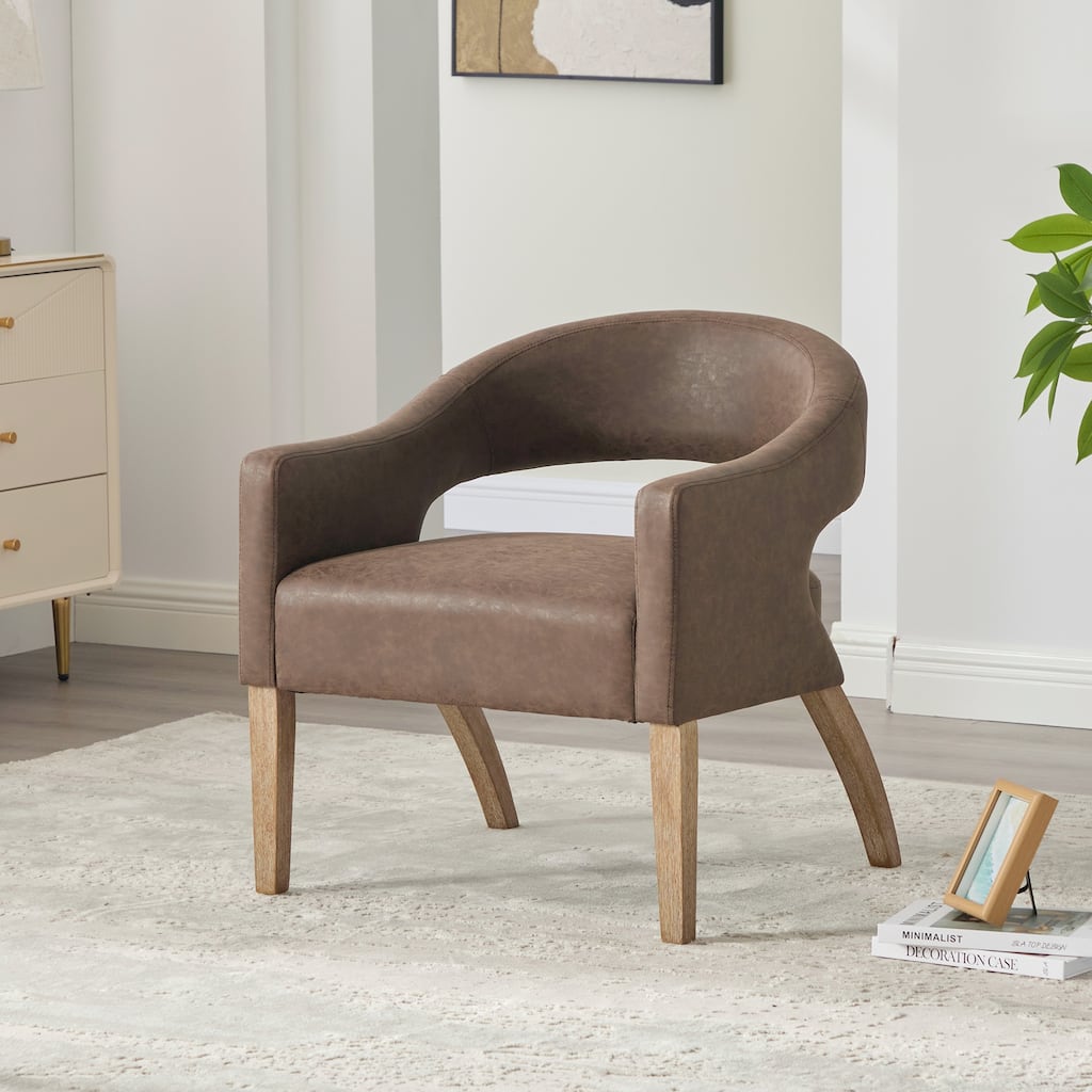 Roomfitters PU Accent Armchair, Modern Open Back Barrel Dining Chair with Weathered Wood Legs for Living Room or Dining Room