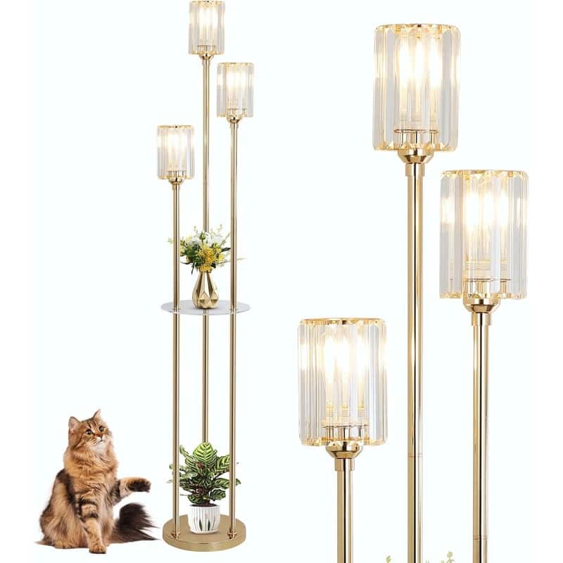 Gold Modern Floor Lamp with Shelves - Brass Crystal Standing Lamp with Table, Crystal Shade, On/Off Switch