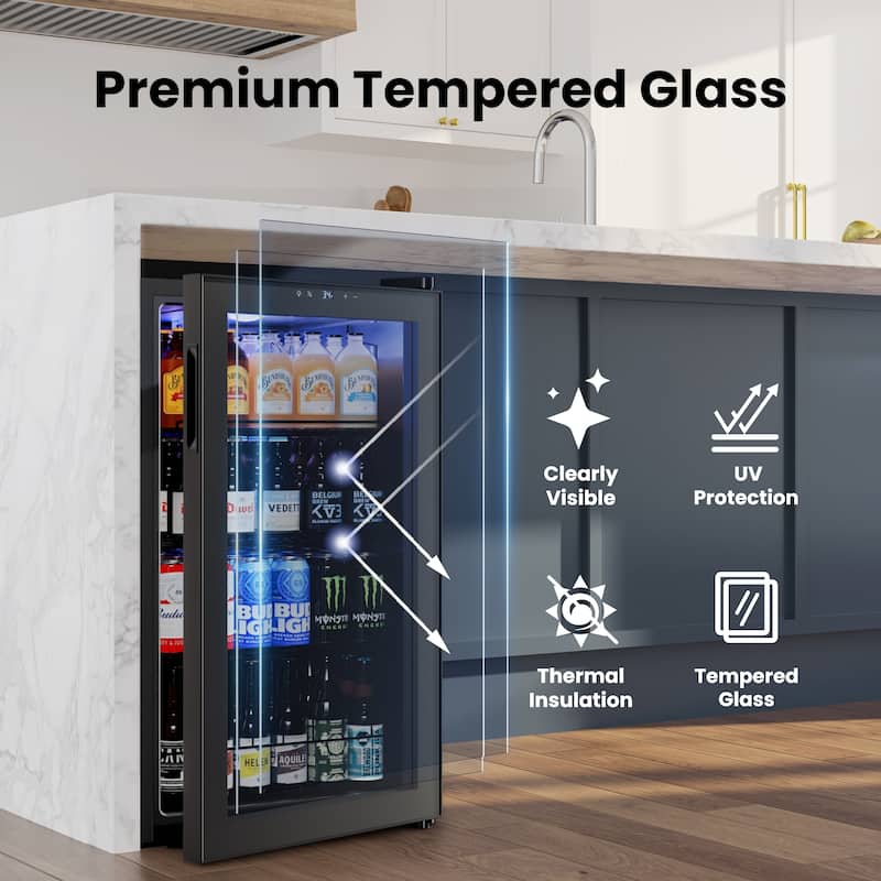 3.35 Cu.Ft Beverage Refrigerator, Glass Door Cooler with LED Display, Quiet Compressor, 102-Can Capacity