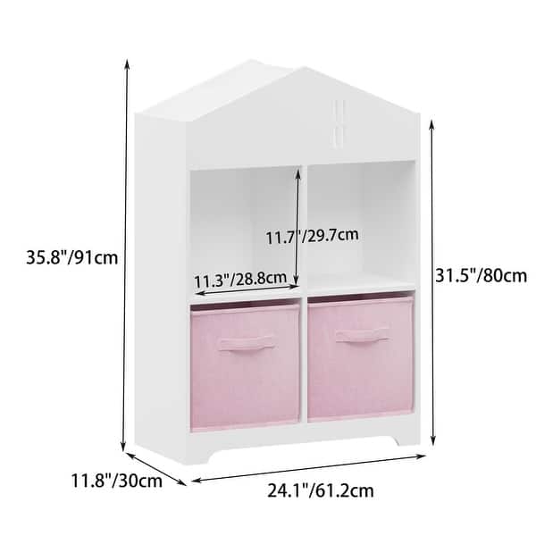 dimension image slide 1 of 2, Kids Dollhouse Bookcase with Storage, 2-Tier Storage Display Organizer, with 2 Collapsible Fabric Drawers