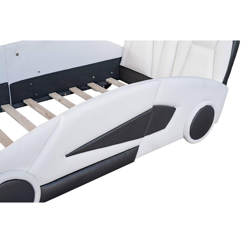Twin Size Race Car-Shaped Platform Bed with Guardrails and Wheels, Durable Pine Wood Construction, Fun for Kids