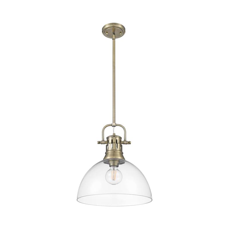 Yep by Golden Lighting Duncan 1-light 14in rod hung Pendant in Aged Brass and Clear Glass